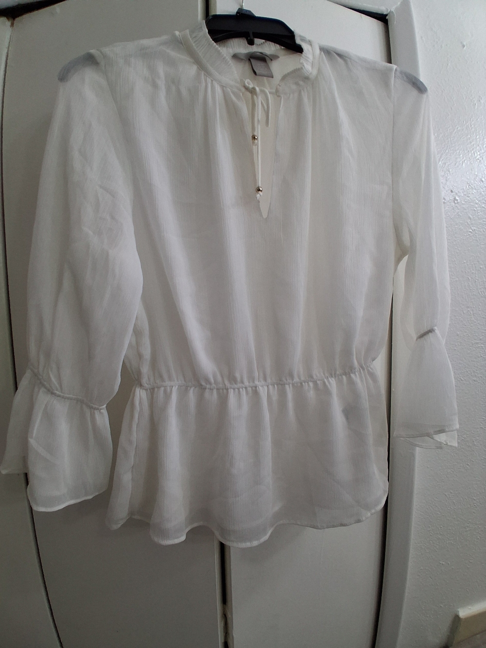 H&M White Tie-Neck Peasant Blouse